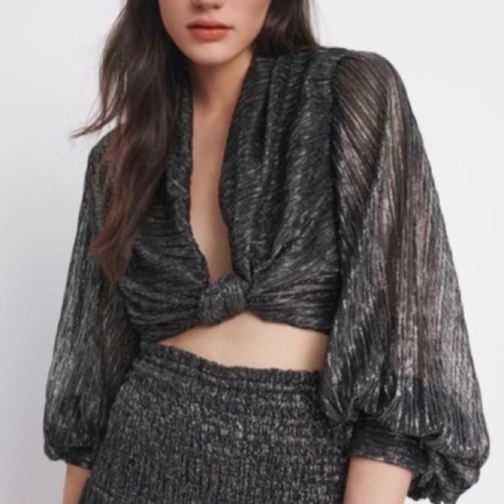 Zara black metallic long sleeve crop top XS nwt - Picture 4 of 11